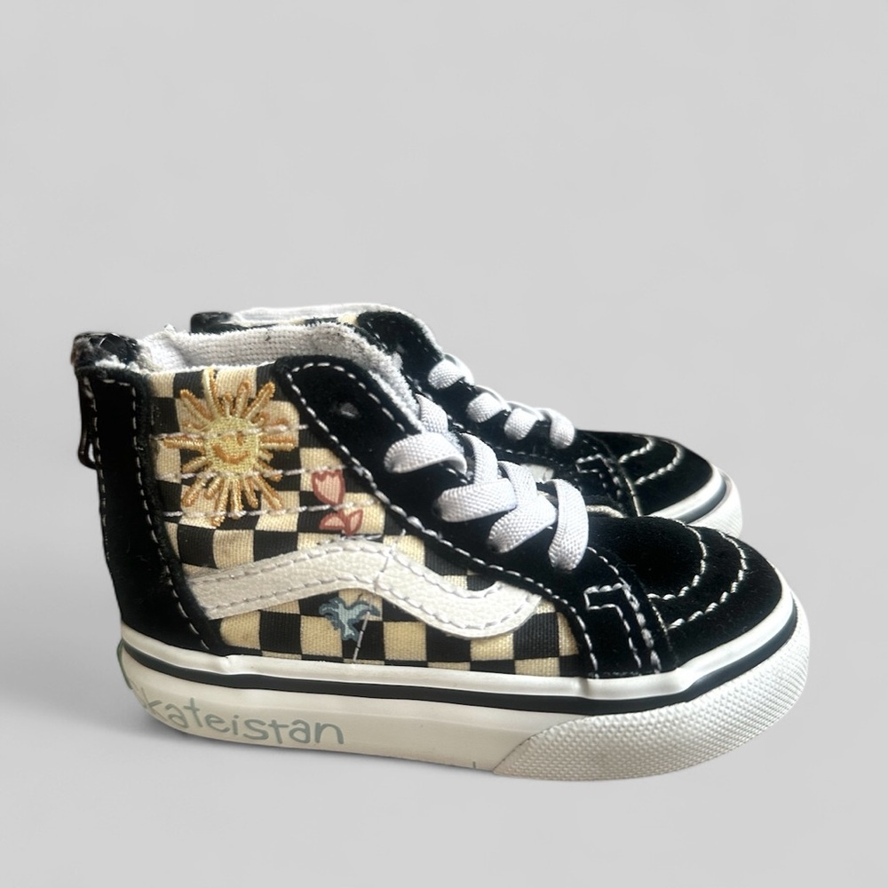 Vans Toddler Black and White Checkerboard High-Top Sneakers with Sun Embroider